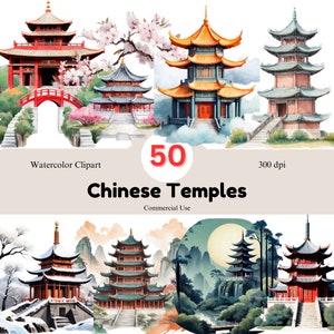Chinese Temples Watercolor Clipart Set: 50 PNG Images (Digital Download)
