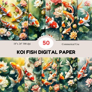 May include: 50 digital papers featuring colorful koi fish swimming among water lilies and lotus flowers. The papers are 18 inches by 24 inches and 300 dpi. Commercial use is allowed.
