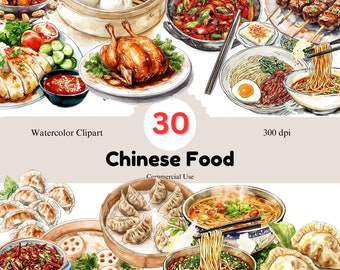 Chinese Food Watercolor Clipart: 30 PNG Asian Cuisine Images (Digital Download)