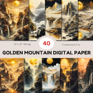 May include: A set of 40 digital papers featuring a golden mountain landscape with waterfalls and a glowing moon. The papers are 18 inches by 24 inches and 300 dpi. Commercial use is allowed.