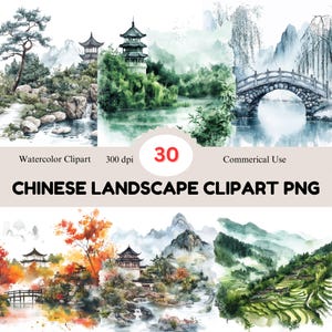 Set di clipart di acquerelli di paesaggi cinesi / 30 immagini PNG / Arte scenica / Clip art cinese / Sfondo bianco
