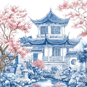 20 Chinoiserie-gebouw aquarel clipartset | 20 png-afbeeldingen | Blauw-witte porseleinkunst | Aziatische decorafbeeldingen
