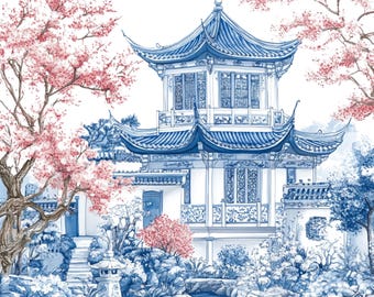 Chinoiserie Building Watercolor Clipart: Blue & White Porcelain (PNG, Digital Download)