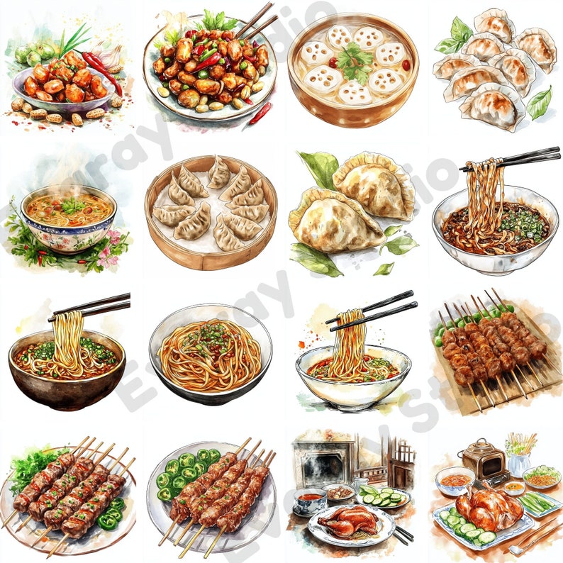 Chinese Cuisine Watercolor Clipart Set 30 PNG Images China Food Clipart