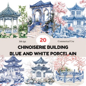 Conjunto de clipart de aquarela de edifício Chinoiserie | 20 imagens PNG | Arte em porcelana azul e branca | Gráficos de decoração asiática