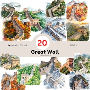 Great Wall Watercolor Clipart Bundle | 20 PNG Images | China Landmark Clipart | Transparent Background | Historical Art