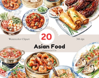 Watercolor Asian Food Clipart: 20 PNG Culinary Art Images (Digital Download)