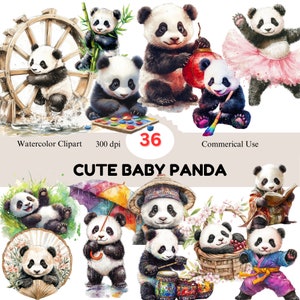 Ensemble de cliparts aquarelle bébé panda : 36 graphiques PNG pour chambre d&#39;enfant