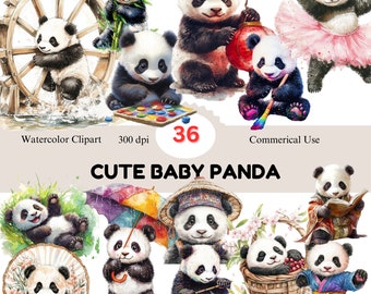 Baby Panda Watercolor Clipart Set: 36 PNG Nursery Graphics