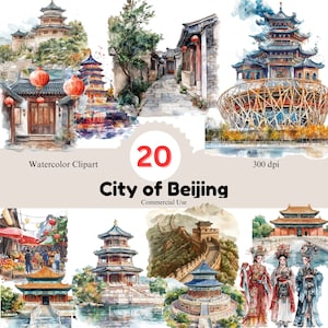Colección de 20 imágenes prediseñadas de acuarela de Beijing / Imágenes prediseñadas de China PNG / Diseños de acuarela cautivadores sobre fondo transparente