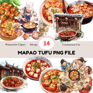 Può includere: Un'illustrazione ad acquerello di Mapo Tofu, un piatto cinese popolare. L'illustrazione presenta una ciotola di Mapo Tofu con cubetti di tofu, carne di maiale macinata e una salsa piccante. L'illustrazione include anche uno chef, una scena di ristorante e un gruppo di persone che si godono il piatto.