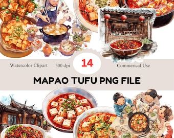Mapo Tofu Watercolor Clipart Set: Chinese Food PNG Images (Digital Download)