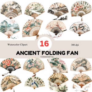 Ensemble de 16 cliparts aquarelle ancien éventail pliable | Chine Clipart PNG | Aquarelles traditionnelles sur fond transparent