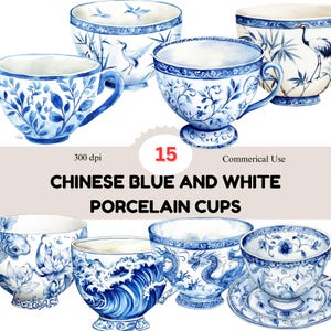 Blue & White Porcelain Cups Clipart: Chinese Tableware Art (Digital Download)