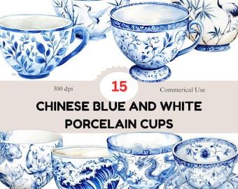 Blue & White Porcelain Cups Clipart: Chinese Tableware Art (Digital Download)