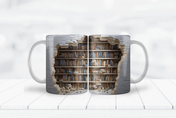 3D Mug Wrap, 11oz, 12oz, 15oz Bookshelf Cave Sublimation, Cups