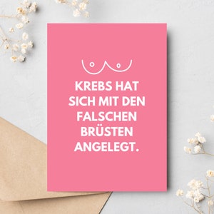 Klappkarte Brustkrebs mit Umschlag || Motivationskarte Brustkrebs || Karte zum Aufmuntern bei Krebs || Grußkarte Krebs lustig