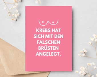 Postkarte Brustkrebs || Karte zum Aufmuntern bei Krebs || Postkarte Krebs lustig || Ermutigung Krebskämpfer || Brustkrebs Geschenke