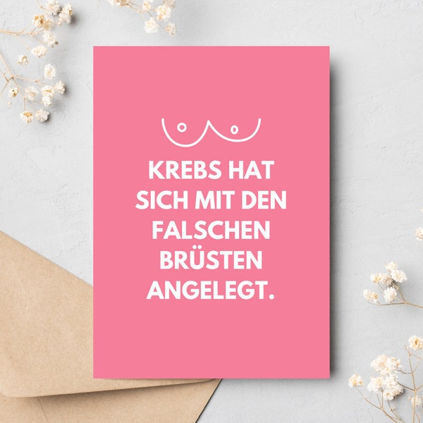 Postkarte Brustkrebs || Karte zum Aufmuntern bei Krebs || Postkarte Krebs lustig || Ermutigung Krebskämpfer || Brustkrebs Geschenke