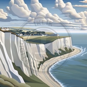 May include: A stylised illustration of white cliffs along a coastline with a small town nestled at the top of the cliffs. The sky is blue with white clouds. The sea is a light blue with white waves.