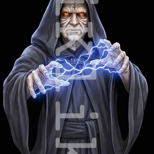 Peut inclure: Illustration numérique d'un personnage vêtu d'une robe à capuche sombre, avec des yeux orange brillants et une peau ridée. Les mains du personnage sont tendues, émettant des éclairs bleus sur fond noir. L'image est de style bande dessinée.