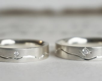 Mountain wedding ring set, Simple wedding band, 18k gold ring, Diamond Engagement Ring, Promise Ring , Minimalist Ring {Under the sky Ring}