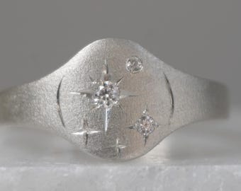Star Engraved Ring, Signet Diamond Ring, Night sky Celestial Ring ,Gift For Her {Galaxy Ring}
