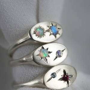 Custom Silver Birthstone Signet Ring, 925 Silver Birthstone Ring, Gemstone ring, Celestial Ring, Gift for her { Binarystar Birthstone Ring}