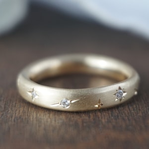Starry Engrave Band,  18k diamond Gold Ring,  Handmade Texture Band, Hand Engrave Ring , Simple Wedding Ring, Eternity Ring  9 ct Gold, 14k Yellow Gold Diamond Ring,  Diamond Band, Handmade Engagement Ring, Stacking Ring, Matte finishing, Glossy  finishin, Ring for her, 
Anniversary Ring, Alternative wedding ring, Minimalist Ring, Hammer texture ring, Everyday gold ring, Star ring, Solid gold ring, Dainty , modern low profile ring , Timeless ring, Rustic Ring, one of a kind ring
