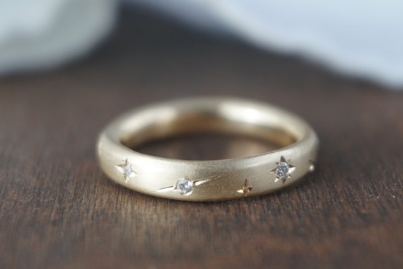 9k 14k Gold Starry Diamond Band, Handmade Engraved Wedding Ring, Celestial Eternity Ring