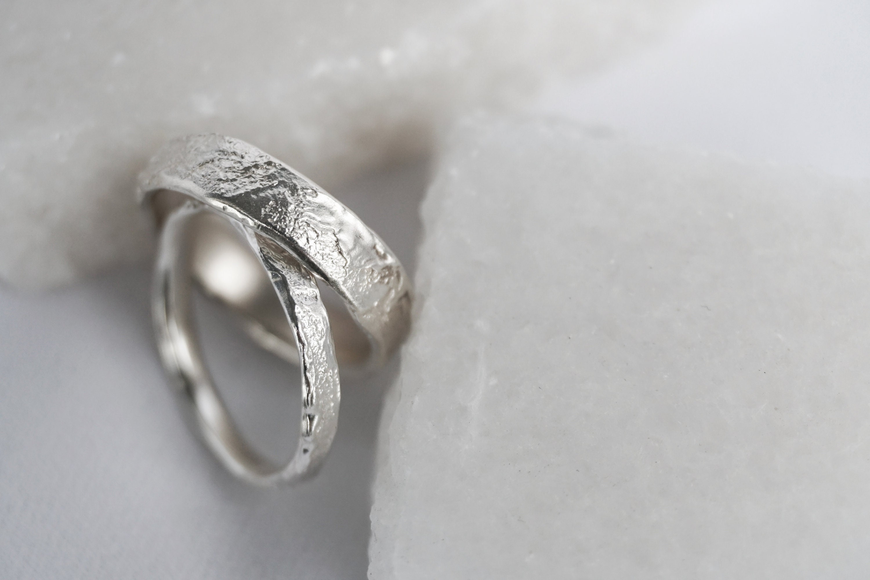Handmade 925 Silver Lava Wedding Ring Set: Textured Engagement