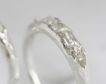 Handmade Herkimer Diamond Ring, Textured 925 Silver Band, Wabi-Sabi Ring, Rustic gemstone Ring