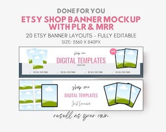 Puede incluir: Dos maquetas de banners de tienda Etsy con fondo blanco y una pancarta gris en la parte inferior. La pancarta superior tiene un fondo blanco con el texto "shop our DIGITAL TEMPLATES" en negro. La pancarta inferior tiene un fondo blanco con el texto "shop our DIGITAL TEMPLATES Just Launched" en negro. Ambas pancartas tienen una imagen de paisaje verde y azul con nubes en la esquina superior derecha. El texto "resell as your own" está en negro en la pancarta gris en la parte inferior.