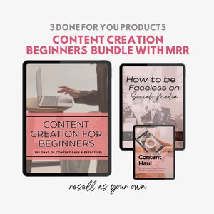 May include: A digital product bundle for content creators. The bundle includes three e-books: "Content Creation for Beginners", "How to be Faceless on Social Media", and "Content Haul".