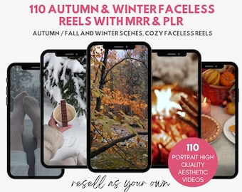 May include: A collection of 110 autumn and winter themed video reels for social media. The reels feature cozy scenes with no people in them. The text "110 Portrait High Quality Aesthetic Videos" is on the image.