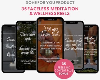 35 Meditation Wellness Healing Reels: Faceless Content for Socials with prompts (Canva Template)
