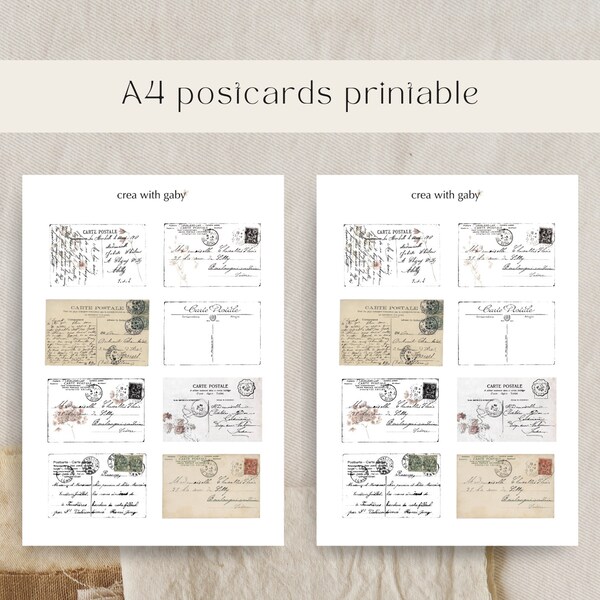 Postcards printables for journaling, decorations, and scrapbooking. Digital download, A4 PNG, 8 postcard designs.