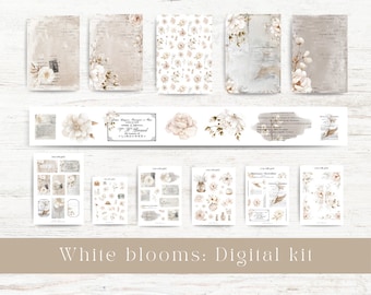 Digitales Journaling-Kit. Druckbare Hintergründe, Journalkarten und PNG-Elemente. Sammlung weißer Blüten