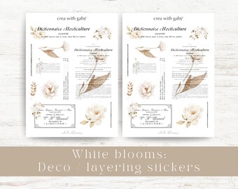 Vintage stickers, layering text and floral stickers for bullet journaling & planner deco. Large sticker sheet: White blooms collection