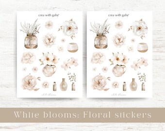 Floral planner stickers, neutral stickers for bullet journaling & planner deco. Large sticker sheet: White blooms collection