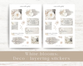 Layering planner stickers, vintage stickers for bullet journaling & planner deco. Large sticker sheet: White blooms collection