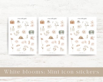Mini icon stickers, floral stickers for bullet journaling & planner deco. Small sticker sheet: White blooms collection