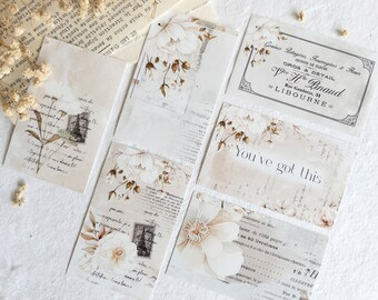 Journaling cards and memos, layering and decorative printed ephemera for journaling & planner deco. White blooms collection