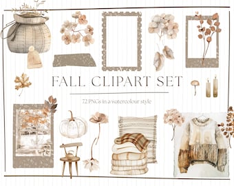 May include: Watercolor clipart set with fall-themed illustrations. Includes a variety of elements such as a basket, flowers, frames, a pumpkin, a chair, blankets, and a sweater. The text "FALL CLIPART SET" is displayed, along with "72 PNGs in a watercolour style".