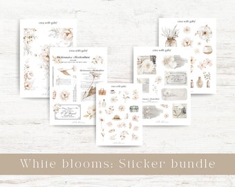 Floral sticker bundle, neutral and vintage stickers for bullet journaling & planner deco. Five sticker sheets: White blooms collection