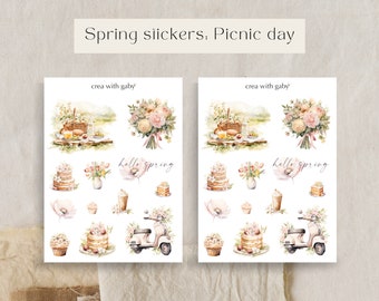 Pegatinas de picnic de primavera, pegatinas florales, pegatinas decorativas para diario de balas y decoración de planificador. Hoja de pegatinas grande.
