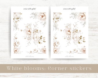 Floral corner stickers, decorative stickers for bullet journaling & planner deco. Large sticker sheet: White blooms collection