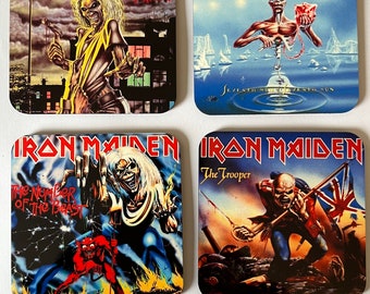 Set of four handmade iron maiden coasters