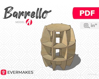 May include: A PDF download for a DIY project called "Barrella Model A" from Evermakes. The image shows a 3D model of a wooden stool shaped like a barrel with a circular top and multiple shelves.