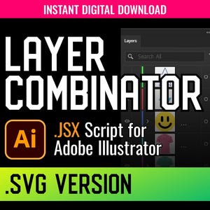 Könnte beinhalten: Eine schwarz-weiße Grafik mit dem Text "LAYER COMBINATOR" in großen weißen Buchstaben. Der Text "JSX Script for Adobe Illustrator" befindet sich unter dem Haupttext. Das Adobe Illustrator-Logo befindet sich links neben dem Text. Der Text ".SVG VERSION" befindet sich am unteren Rand der Grafik.